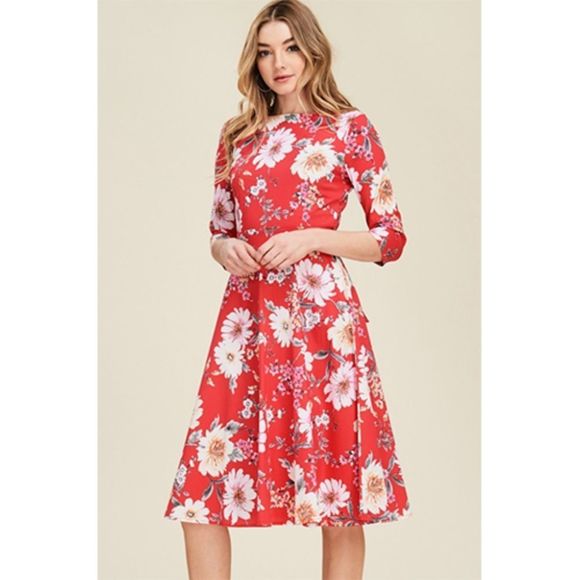 Red Floral 3/4 Sleeve Ribbon Dress.  NWT - Picture 1 of 5